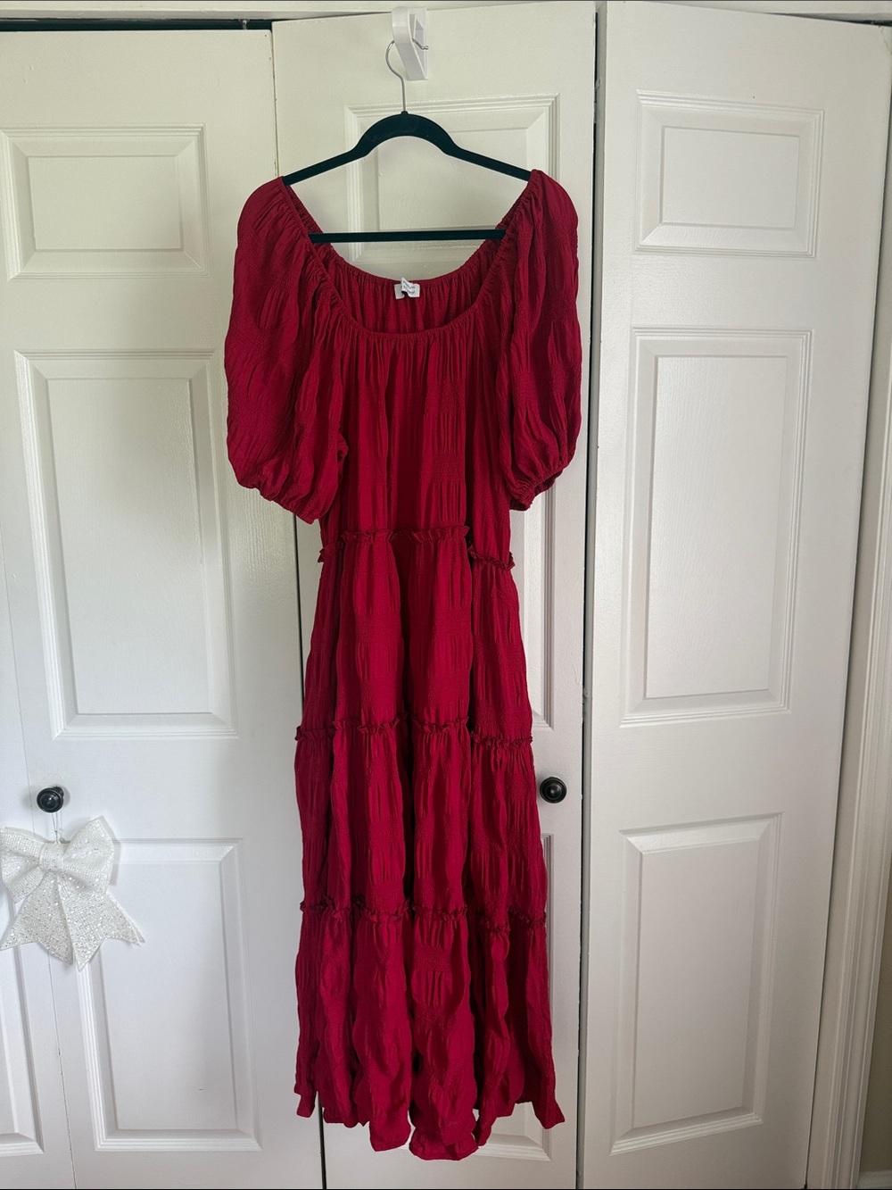 Women’s Red Puff-Sleeve Tiered Maxi Dress
